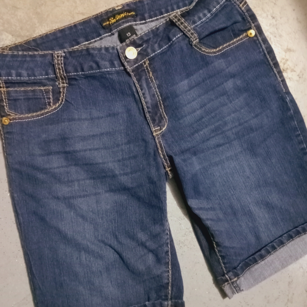 Southpole Cuffed Hem Vintage Denim Jean Shorts Gold Sequin Pocket
